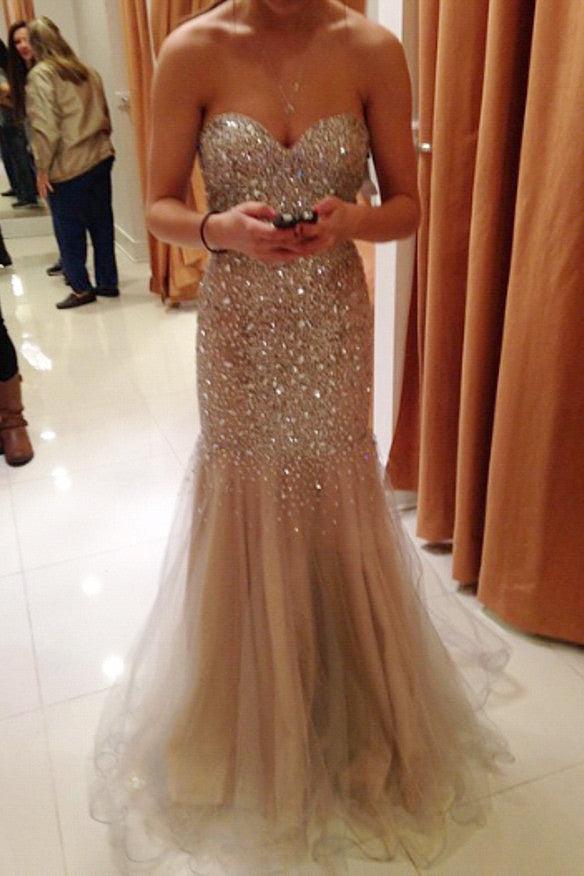 Sweetheart Champagne Evening Dresses Sparkly Crystals Sexy Prom Gowns