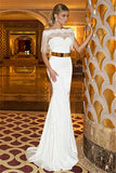 Sweetheart Chiffon Mermaid Bridal Gowns Golden Sash Sweep Train Elegant Wedding Dresses