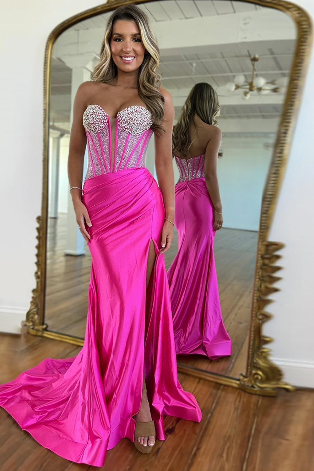 Sweetheart Corset Blush Prom Dress Mermaid Formal Dress With Slit