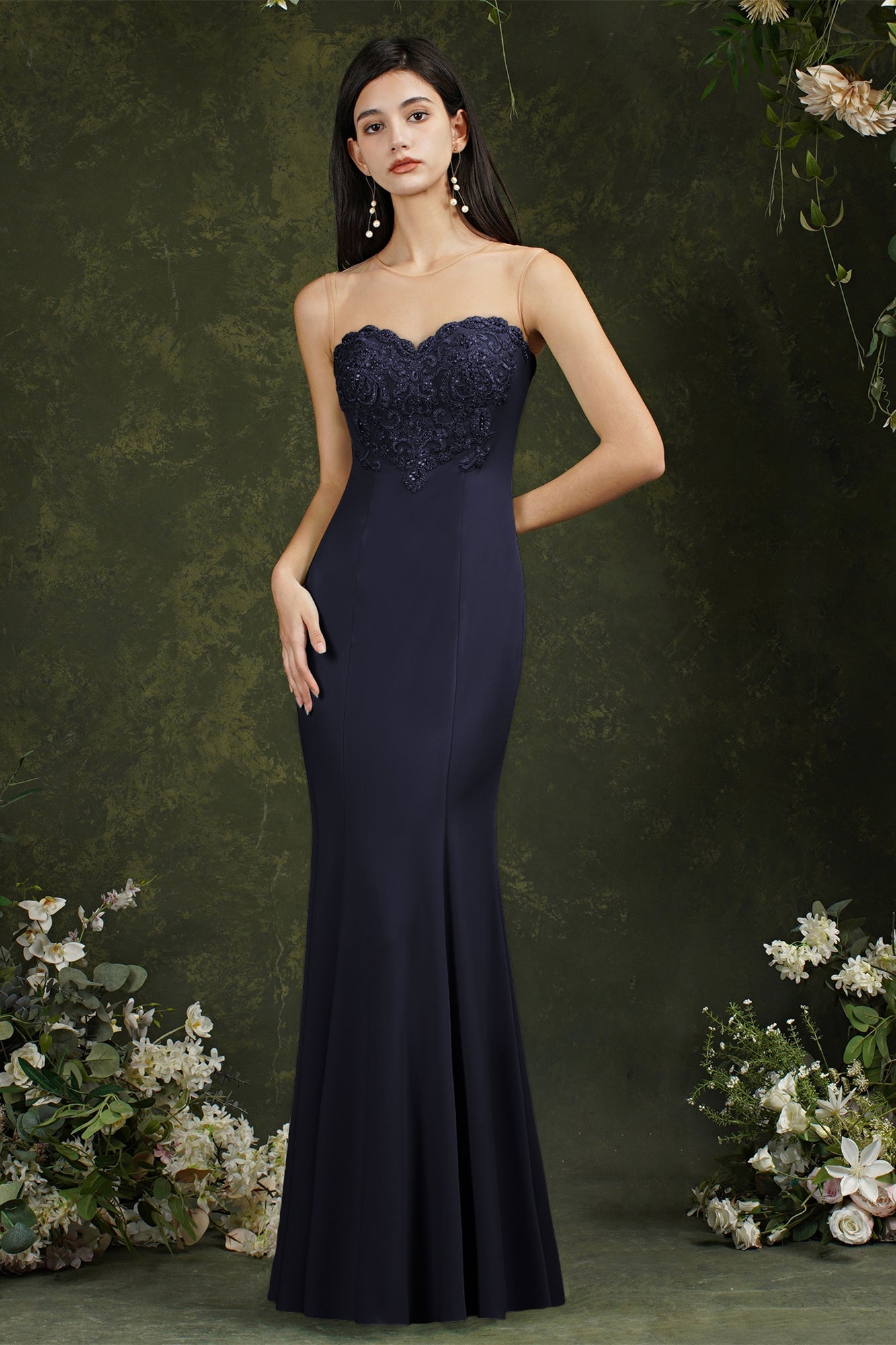 Sweetheart Floral Lace Tulle Mermaid Long Formal Dress