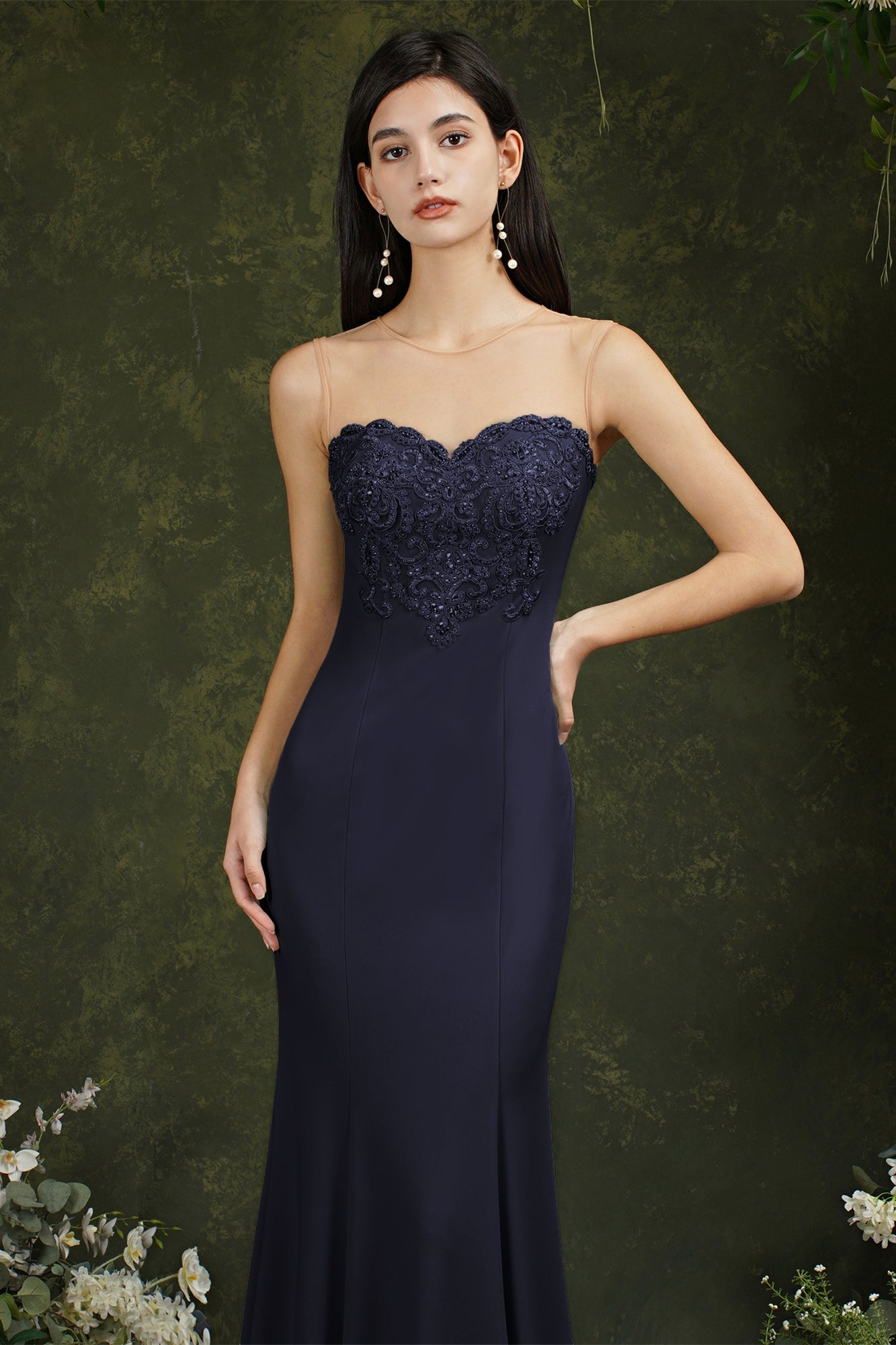 Sweetheart Floral Lace Tulle Mermaid Long Formal Dress