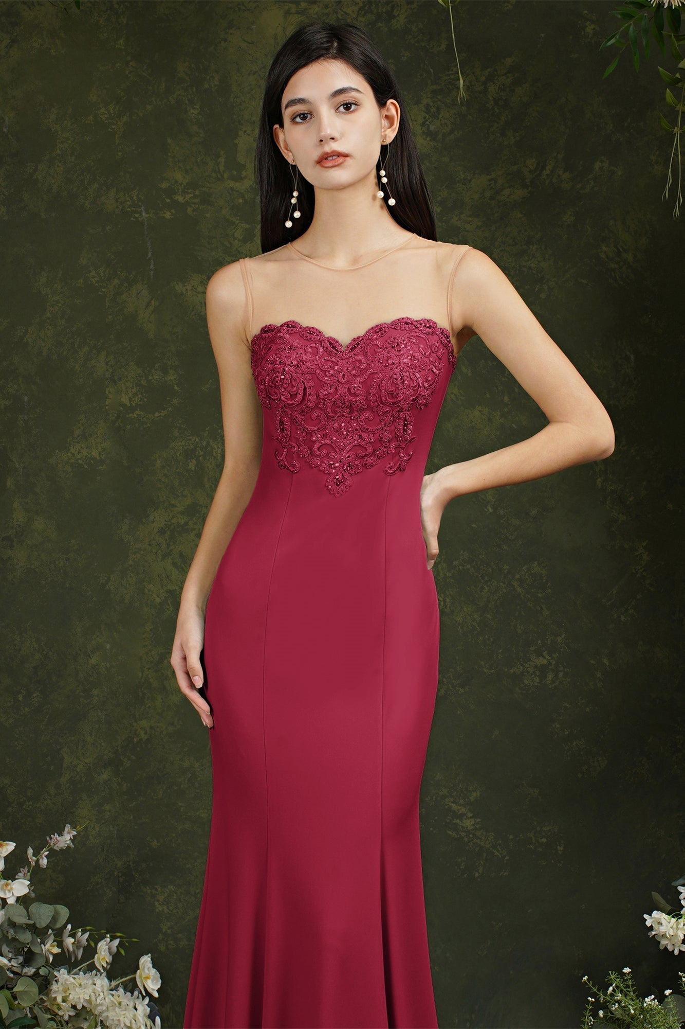 Sweetheart Floral Lace Tulle Mermaid Long Formal Dress