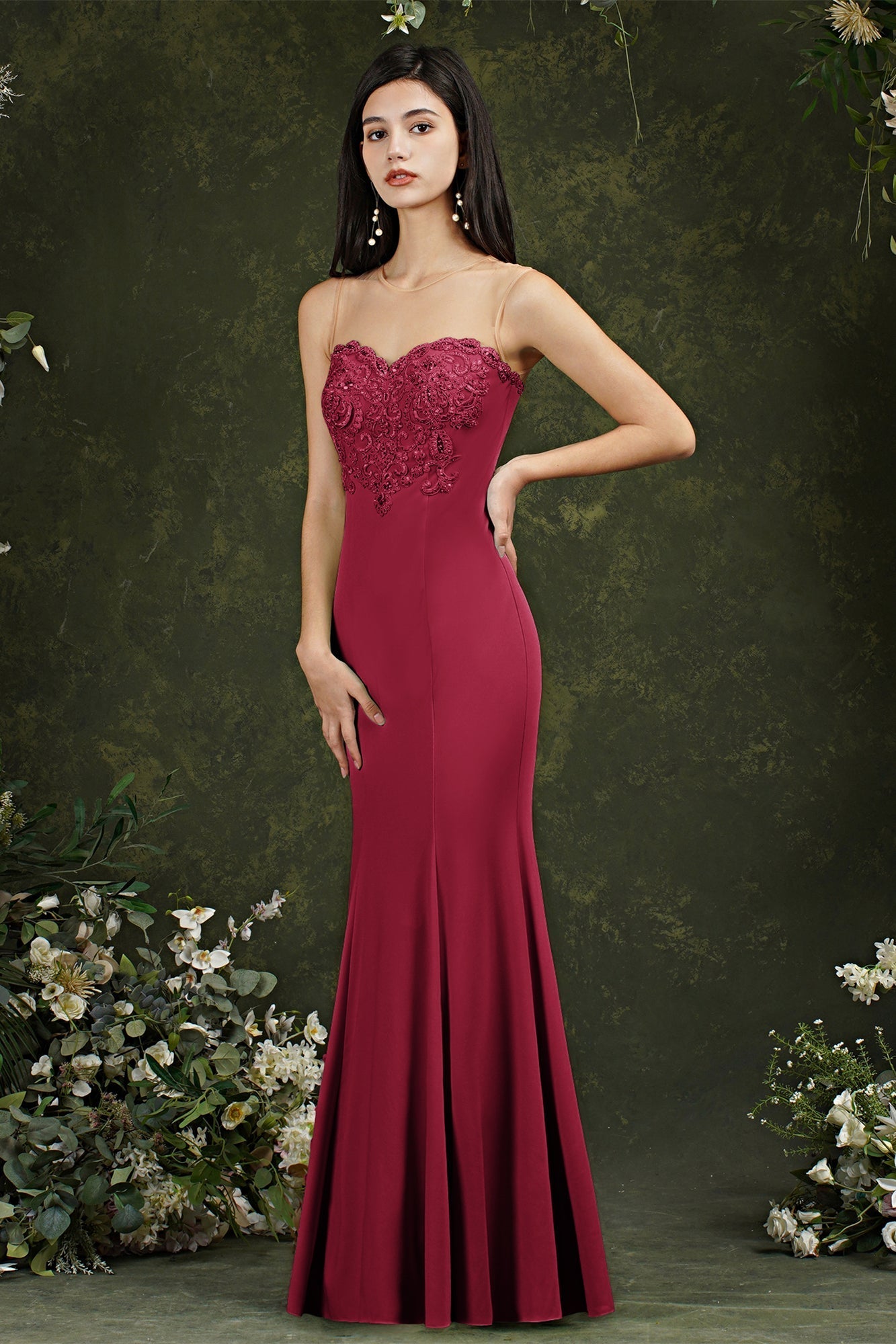 Sweetheart Floral Lace Tulle Mermaid Long Formal Dress