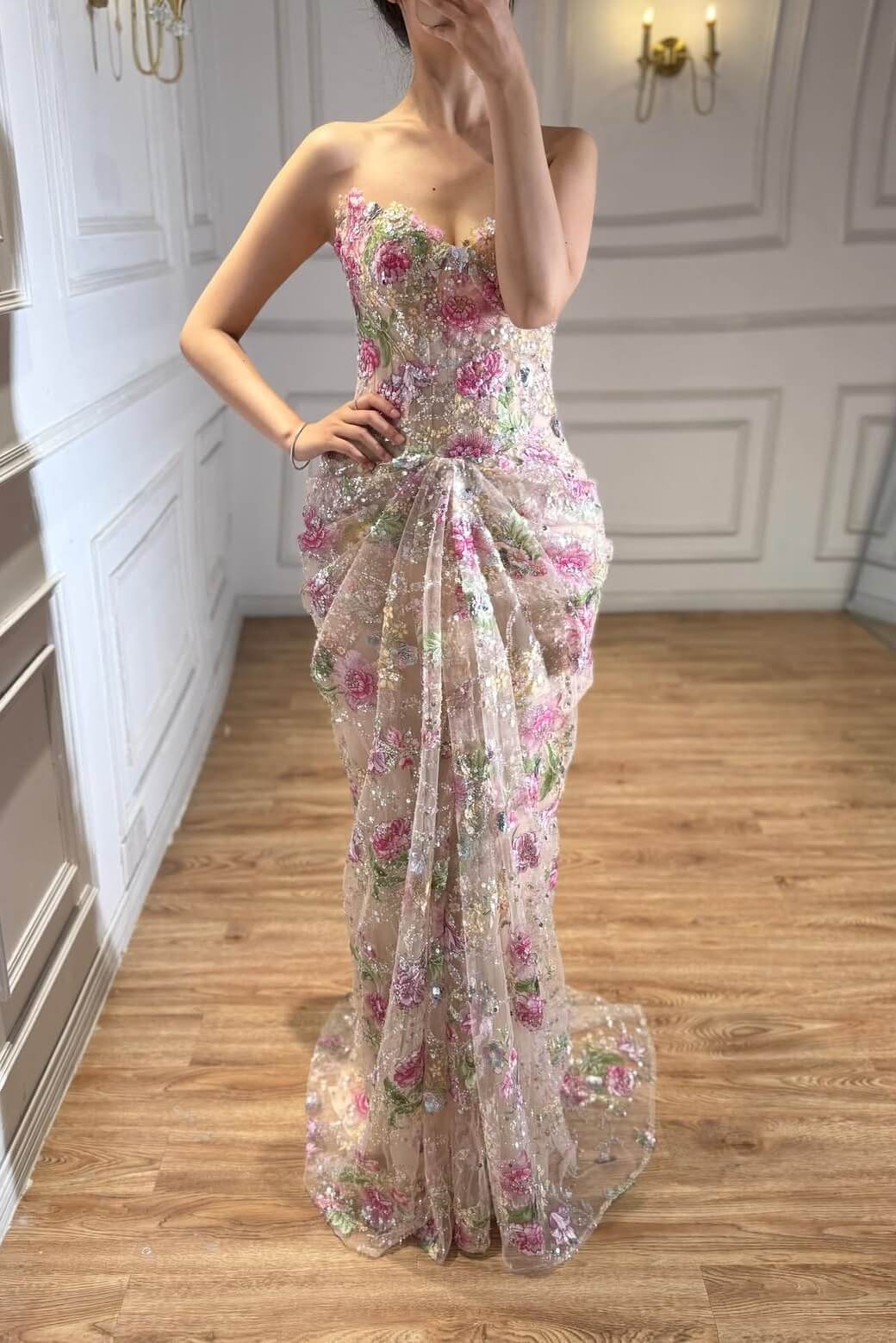 Sweetheart Floral Prom Dress Mermaid Tulle Lace Up Back Formal Gown