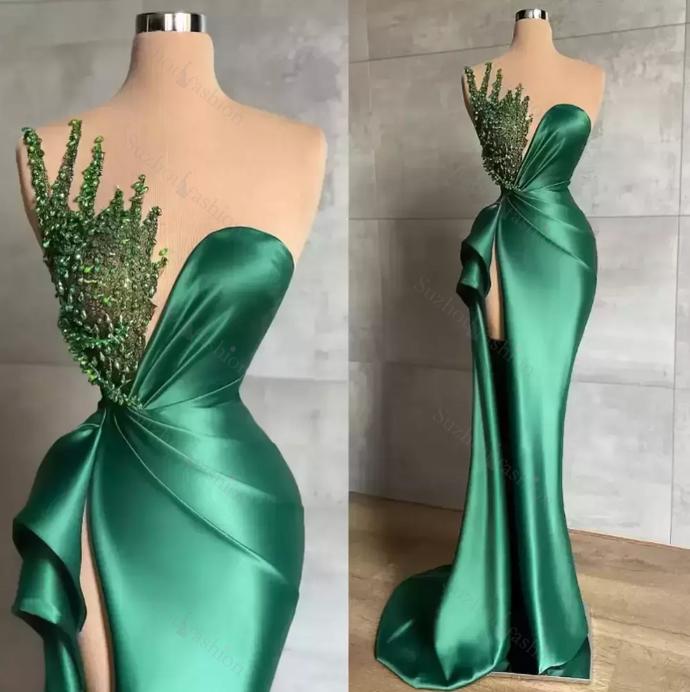 Sweetheart Green Shiny Sleeveless Prom Dress With Beads Long Mermaid