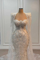 Sweetheart Ivory Mermaid Wedding Dress Beaded Floor Length Bridal Dress with Cape