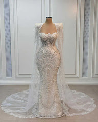 Sweetheart Ivory Mermaid Wedding Dress Beaded Floor Length Bridal Dress with Cape
