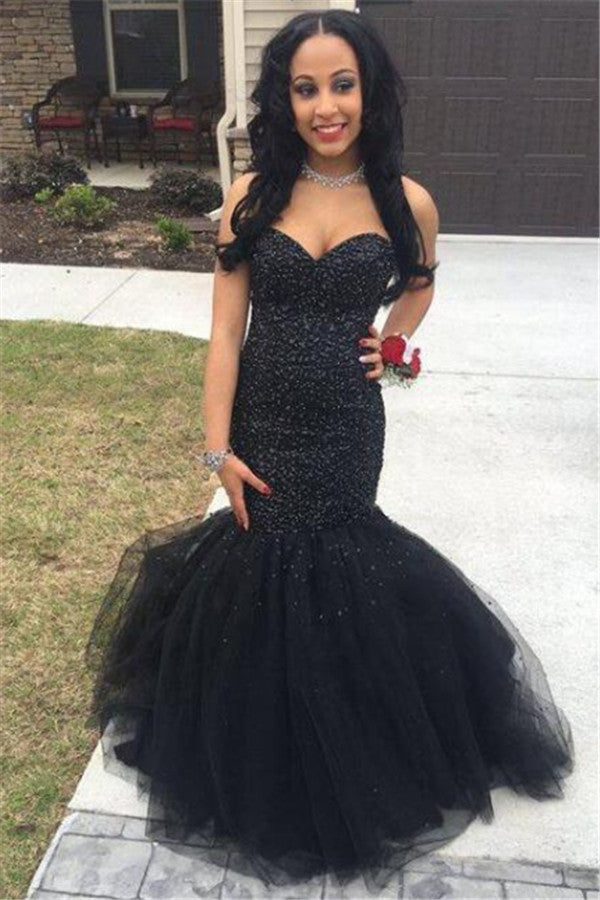Sweetheart Mermaid Black Tulle Prom Dress Sleeveless Sexy Evening Gown BA5052