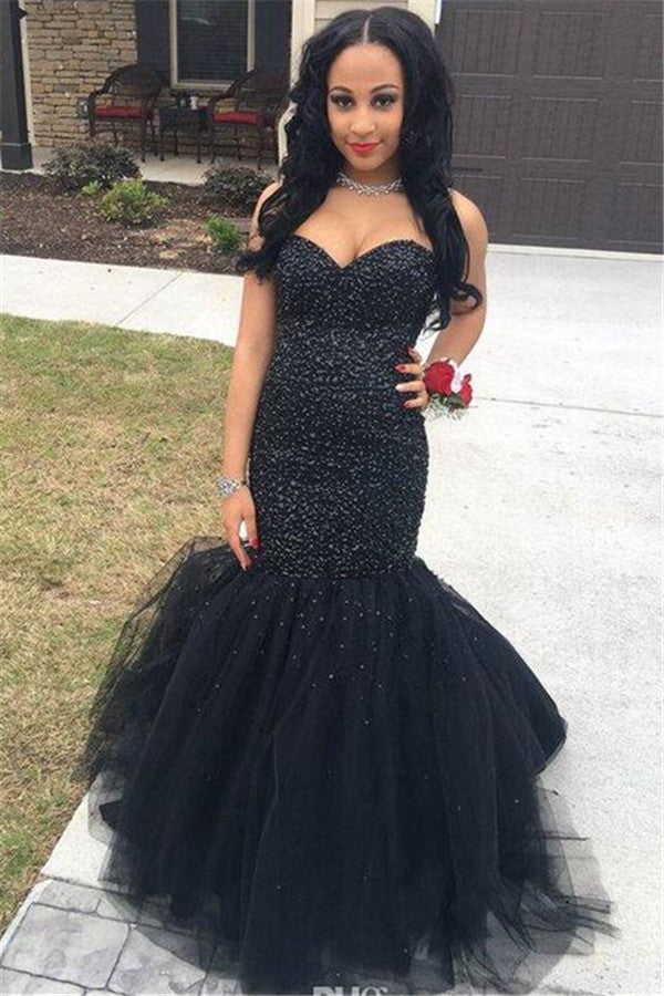 Sweetheart Mermaid Black Tulle Prom Dress Sleeveless Sexy Evening Gown BA5052