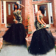 Sweetheart Mermaid Evening Dresses | Gold-Appliques Tulle Prom Dresses