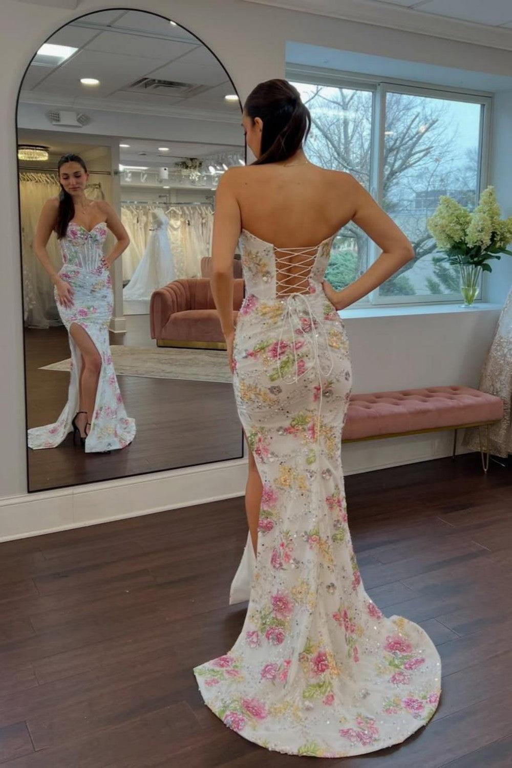 Sweetheart Mermaid Floral Beaded Corset Prom Dress With High Slit Formal Evening Gown