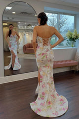 Sweetheart Mermaid Floral Beaded Corset Prom Dress With High Slit Formal Evening Gown