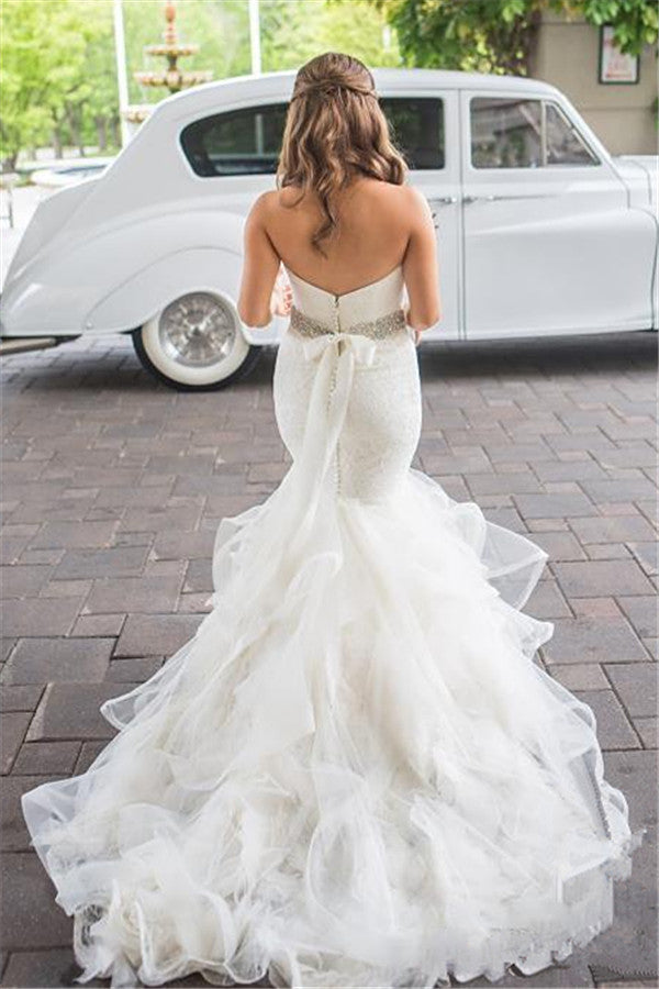 Sweetheart Mermaid Organza Wedding Dress Elegant Bridal Dresses with Crystal Belt