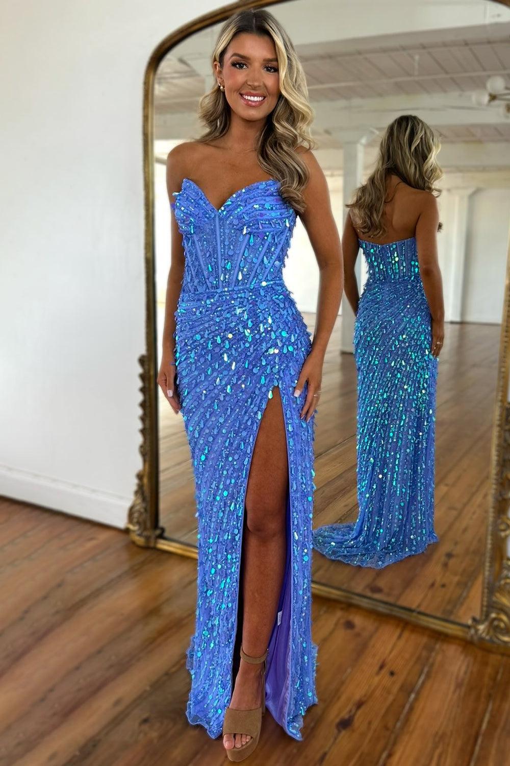 Sweetheart Mermaid Sequined Prom Dress With High Slit Skirt Formal Evening Gown