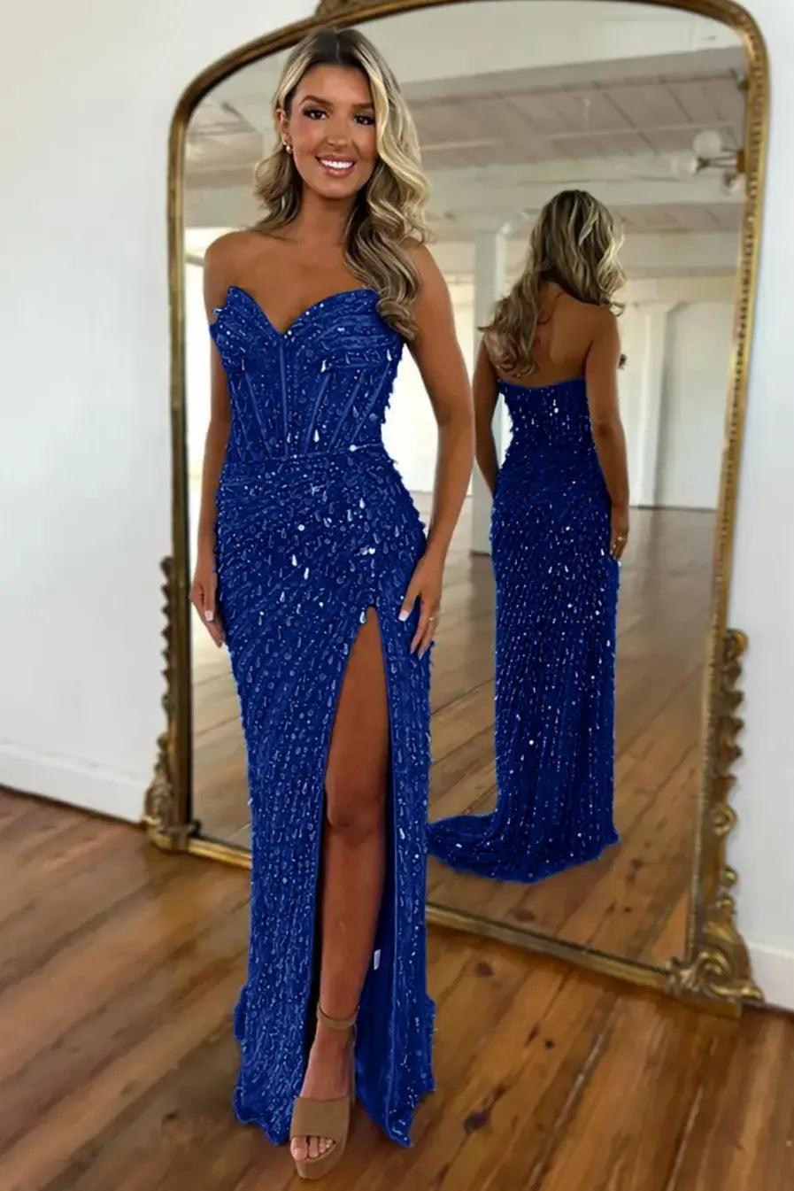 Sweetheart Mermaid Sequined Prom Dress With High Slit Skirt Formal Evening Gown