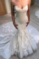 Sweetheart Mermaid Tulle Wedding Dress with Lace | Sexy Strapless Bridal Gowns Online