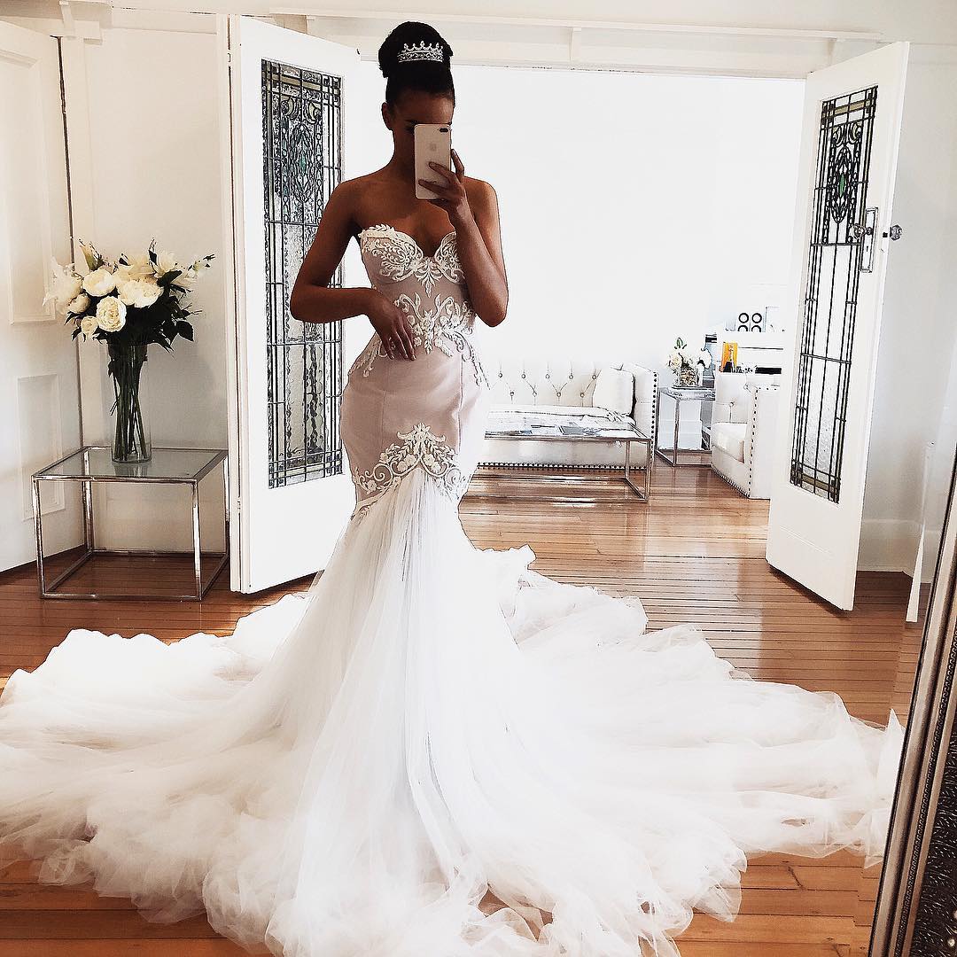 wedding dress mermaid tulle Trumpet/Mermaid V Neck Tulle Court Train Wedding Dress with Appliques Lace Beading Sequins Glitter S3067W - Wedding Dresses