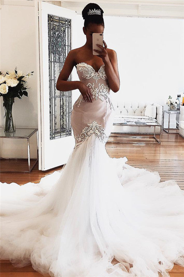 Stunning Sweetheart Beading Mermaid Wedding Gown Sleeveless Tulle Bridal Dress