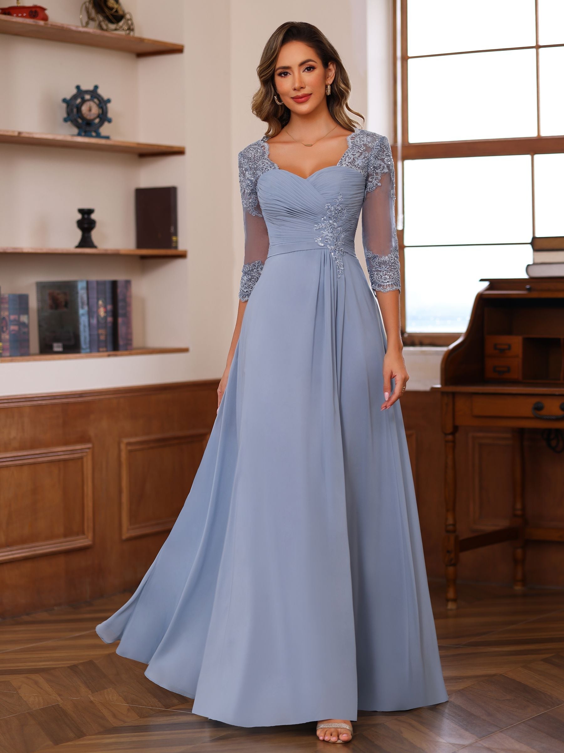 Sweetheart Neck A Line Gown with 3/4 Sleeves Long Lace Bridal Dress Featuring Ruffles & Appliques