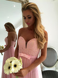 Sweetheart Pink Lace Chiffon Bridesmaid Dresses | Open Back Blowknot Maid Of Honor Dress