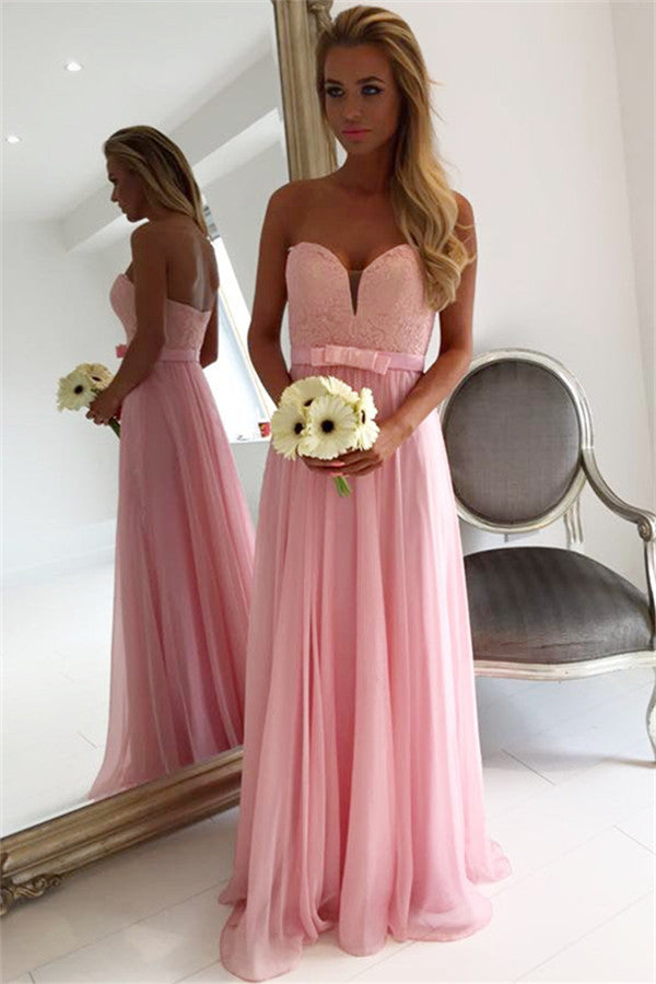 Sweetheart Pink Lace Chiffon Bridesmaid Dresses | Open Back Blowknot Maid Of Honor Dress