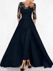 Sweetheart A Line Long Jumpsuit with 3/4 Sleeves and Applique for the Mother of the Bride