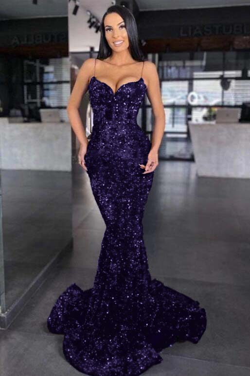 Sweetheart Royal Blue Prom Dress Spaghetti Strap Mermaid Long Evening Formal Dress With Sequined