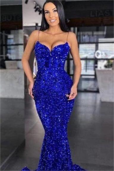 Sweetheart Royal Blue Prom Dress Spaghetti Strap Mermaid Long Evening Formal Dress With Sequined