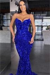 Sweetheart Royal Blue Prom Dress Spaghetti Strap Mermaid Long Evening Formal Dress With Sequined