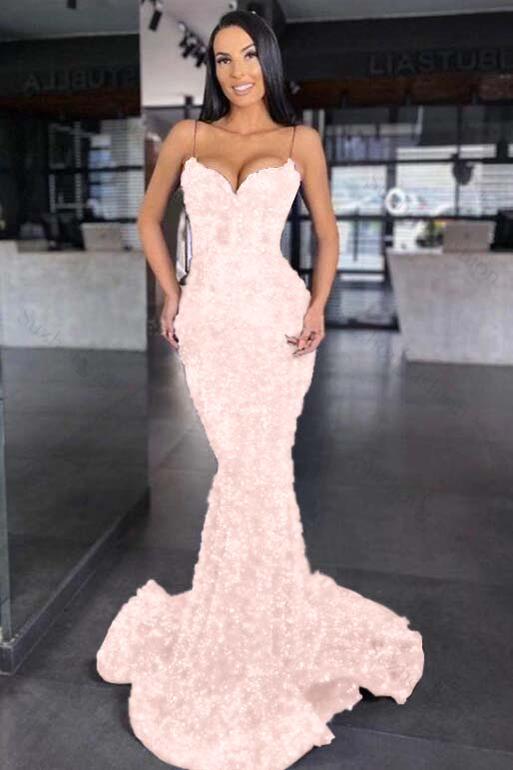 Sweetheart Royal Blue Prom Dress Spaghetti Strap Mermaid Long Evening Formal Dress With Sequined