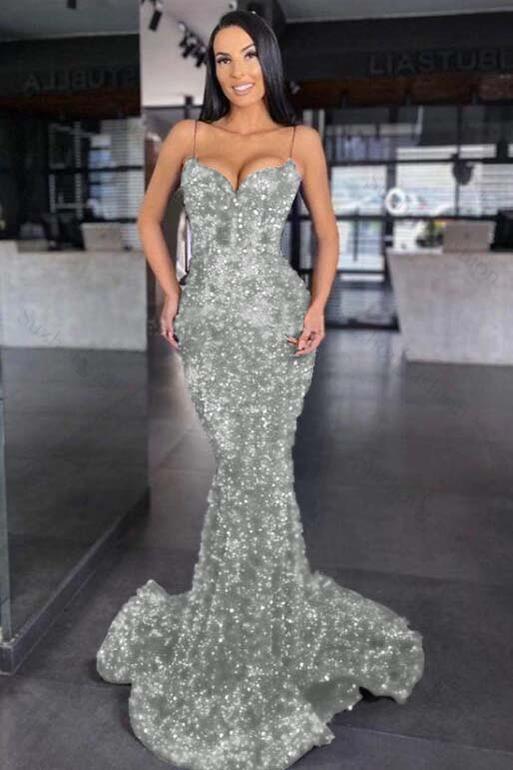 Sweetheart Royal Blue Prom Dress Spaghetti Strap Mermaid Long Evening Formal Dress With Sequined