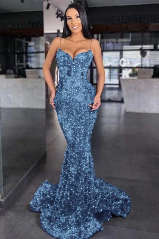 Sweetheart Royal Blue Prom Dress Spaghetti Strap Mermaid Long Evening Formal Dress With Sequined