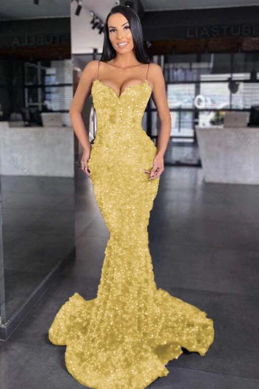 Sweetheart Royal Blue Prom Dress Spaghetti Strap Mermaid Long Evening Formal Dress With Sequined