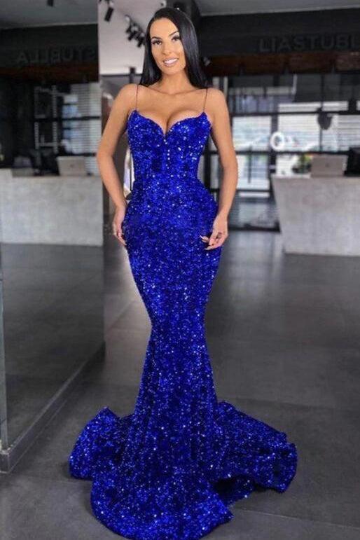 Sweetheart Royal Blue Prom Dress Spaghetti Strap Mermaid Long Evening Formal Dress With Sequined