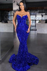 Sweetheart Royal Blue Prom Dress Spaghetti Strap Mermaid Long Evening Formal Dress With Sequined