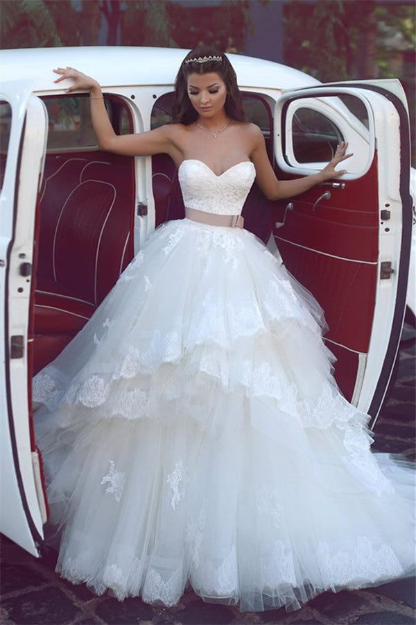 Sweetheart Ruffles Lace Wedding Dresses Strapless Tulle Bridal Gowns BA5565
