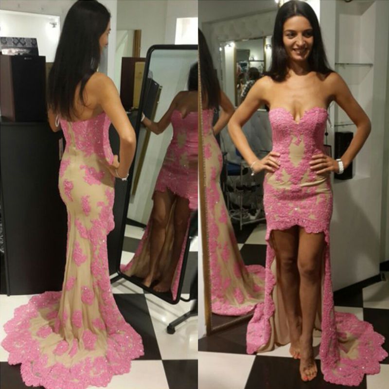 Sweetheart Sheath High Front Low Back Evening Dresses Sexy pink Lace Formal Dress