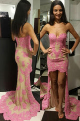 Sweetheart Sheath High Front Low Back Evening Dresses Sexy pink Lace Formal Dress