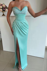 Sweetheart Sleeveless Light Blue Prom Dress Evening Formal Dress Front Split With Beads