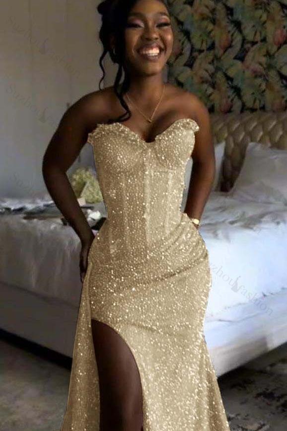 Sweetheart Sleeveless Long Mermaid Evening Formal Dress With Split Sequin
