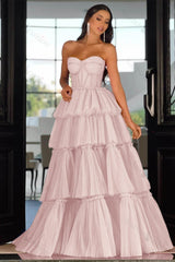Sweetheart Strapless Evening Formal Dress Long Sleeveless Layers Hot Pink Prom Dress