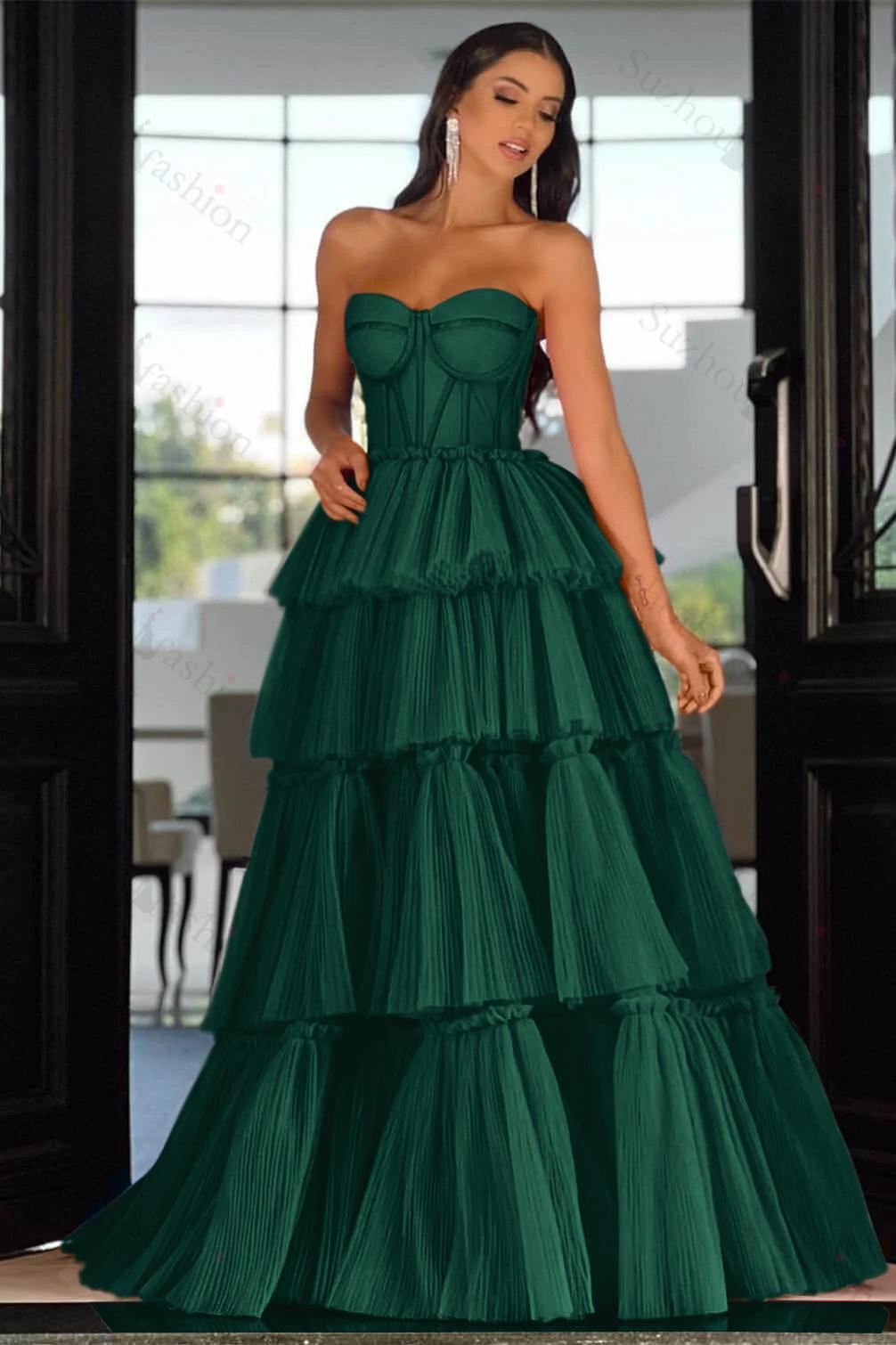 Sweetheart Strapless Evening Formal Dress Long Sleeveless Layers Hot Pink Prom Dress