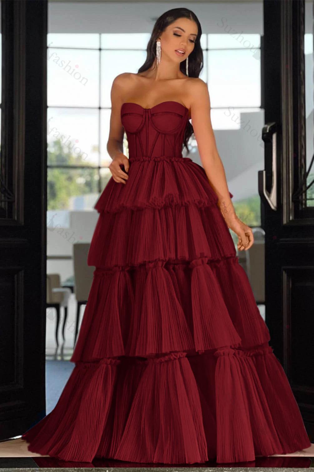 Sweetheart Strapless Evening Formal Dress Long Sleeveless Layers Hot Pink Prom Dress