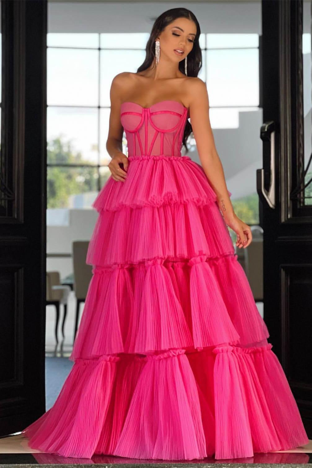 Sweetheart Strapless Evening Formal Dress Long Sleeveless Layers Hot Pink Prom Dress