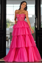 Sweetheart Strapless Evening Formal Dress Long Sleeveless Layers Hot Pink Prom Dress