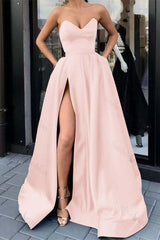 Sweetheart Strapless Sleeveless Long Evening Formal Dress Purple Prom Dress Split With Pockets