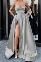 Sweetheart Strapless Sleeveless Long Evening Formal Dress Purple Prom Dress Split With Pockets