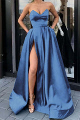 Sweetheart Strapless Sleeveless Long Evening Formal Dress Purple Prom Dress Split With Pockets