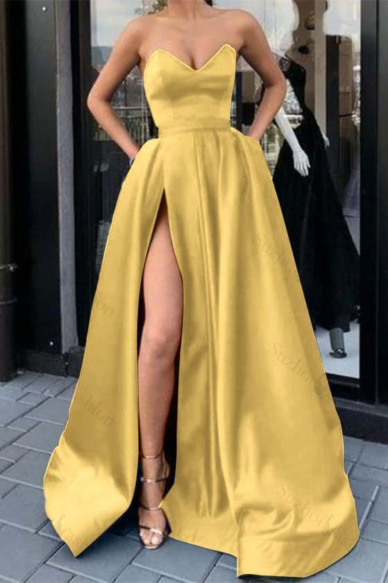 Sweetheart Strapless Sleeveless Long Evening Formal Dress Purple Prom Dress Split With Pockets