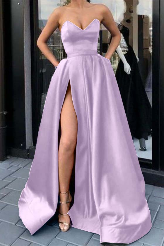 Sweetheart Strapless Sleeveless Long Evening Formal Dress Purple Prom Dress Split With Pockets